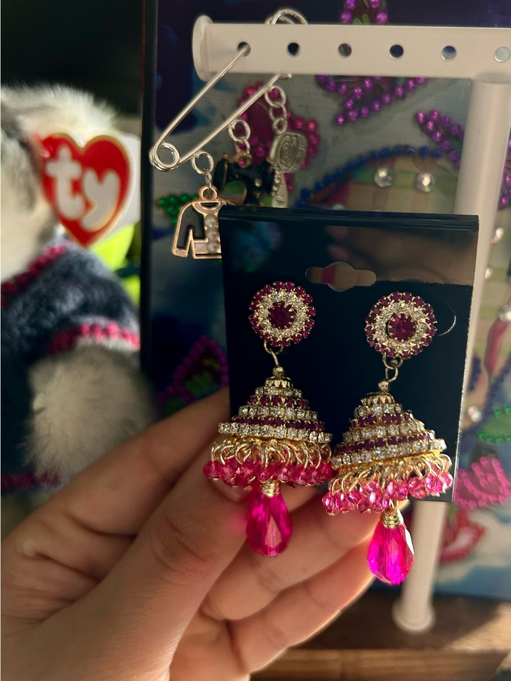 Gold-Tone Pink Crystal Jhumka Earrings - Picture 2 of 7